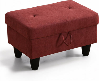 Ottoman Rectangular Storage Ottoman Bench, Flannel Footrest Stool Footstool with Lid for Living Room, Bedroom, Entryway, Red, 28.5"x19"x17.5"