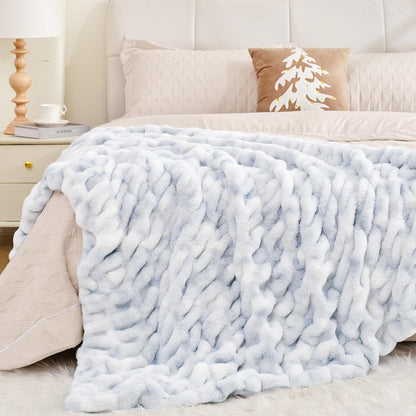Touchat Ruched Faux Rabbit Fur Blanket, 700 GSM Luxury Dual-Sided Soft Cozy Blanket, Fuzzy Fluffy Plush Throw for Bed, Couch and Sofa - 60"x80", Tie-dye Blue