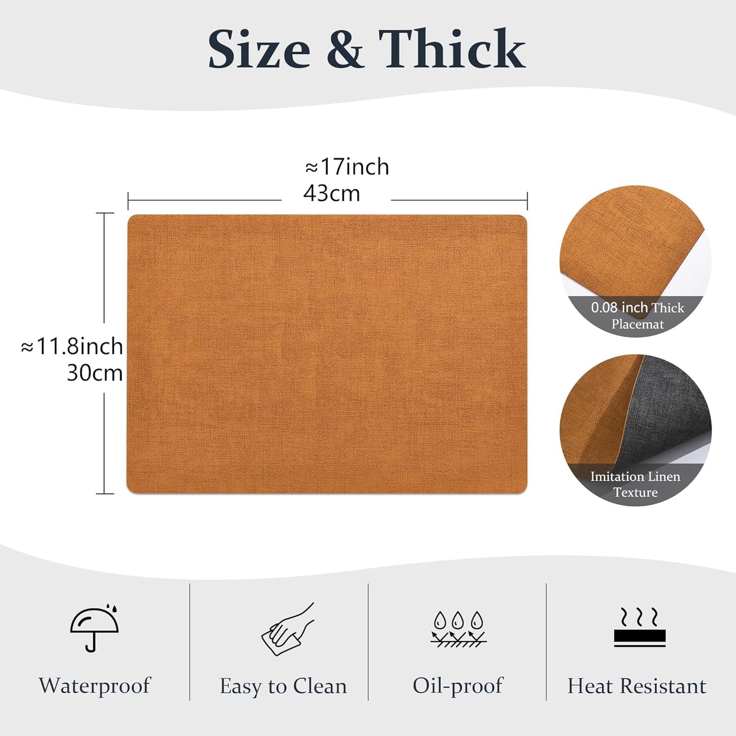 FROMHEART Faux Leather Placemats Set of 4–Waterproof,Heat/Oil Stain-Resistant PU Table Mat–Reversible,Non-Slip,Easy to Clean Place Mats for Kitchen,Dining,Indoor/Outdoor,(Orange-Grey,11.8" x 17")