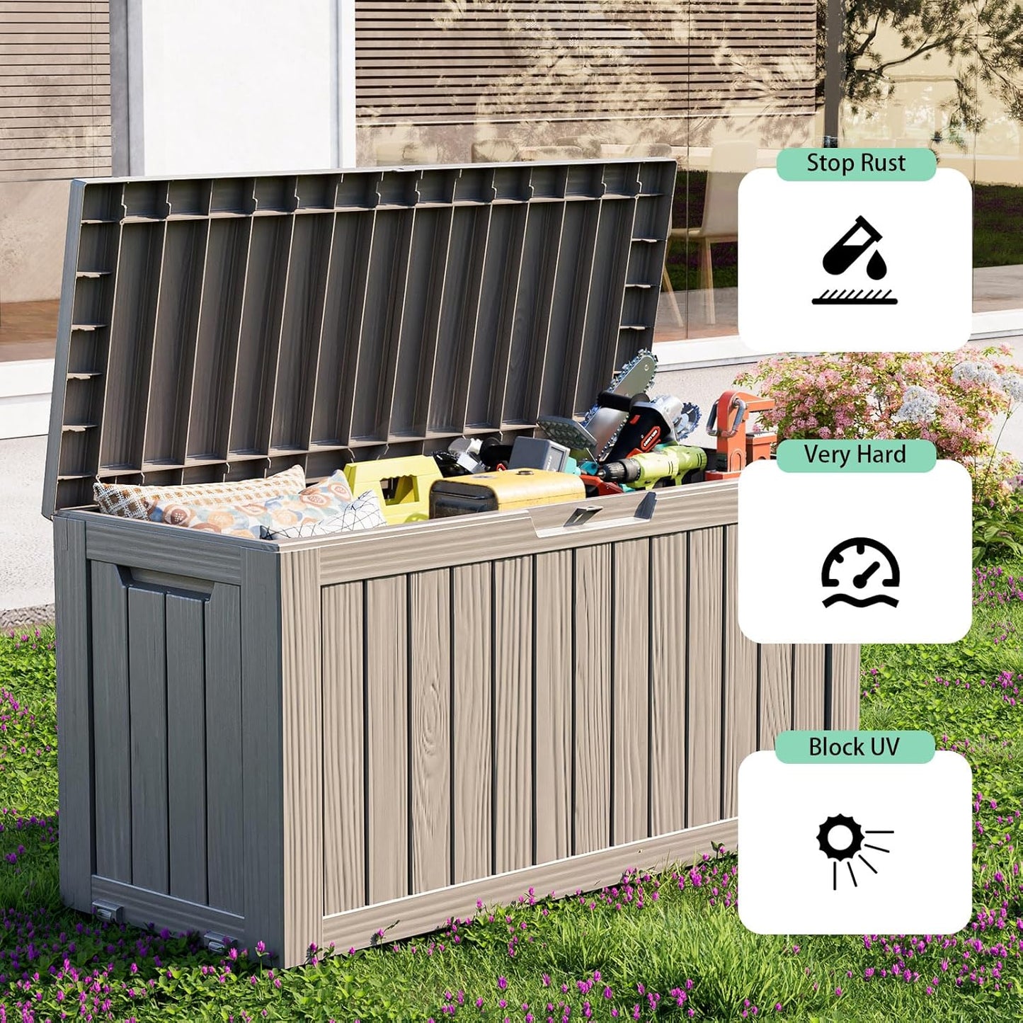 76 Gallon Outdoor Deck Box,Storage Lockable Waterproof Patio Furniture,Garden Tools,Cushions,Pool Accessories Outside Storage Resin Box(Grey)