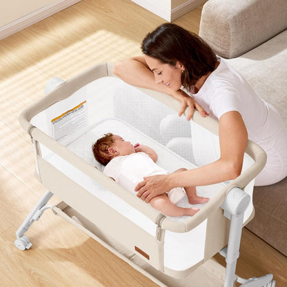 Bassinet Bedside Sleeper - All-Mesh Design, Portable Bedside Bassinet for Baby with Washable Mattress, 5 Adjustable Heights（Beige）