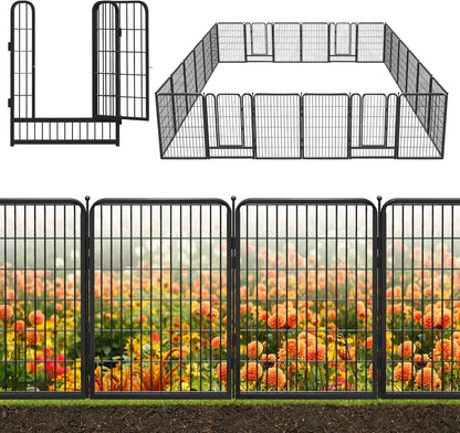 Decorative Black Metal Fencing Garden Fence with Gate, 54ft(L) 40in(H) 24 Fence Panels No Dig Fence Rustproof Animal Barrier Fence Temporary Dog Panels Fencing Outdoor