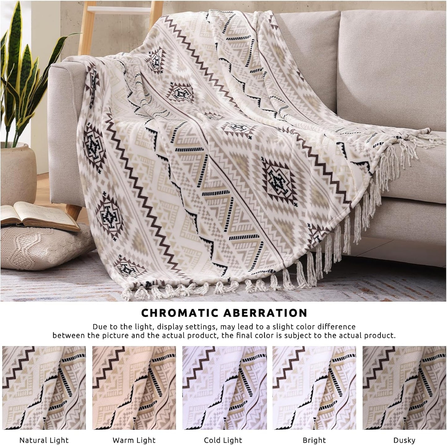 CASAAGUSTO Boho Throw Blanket - Beige and Gray Decorative Blankets with Tassel, Printed Flannel Bohemian Blanket for Chair, Bed, Sofa, Couch(60 * 80, Beige and Gray)