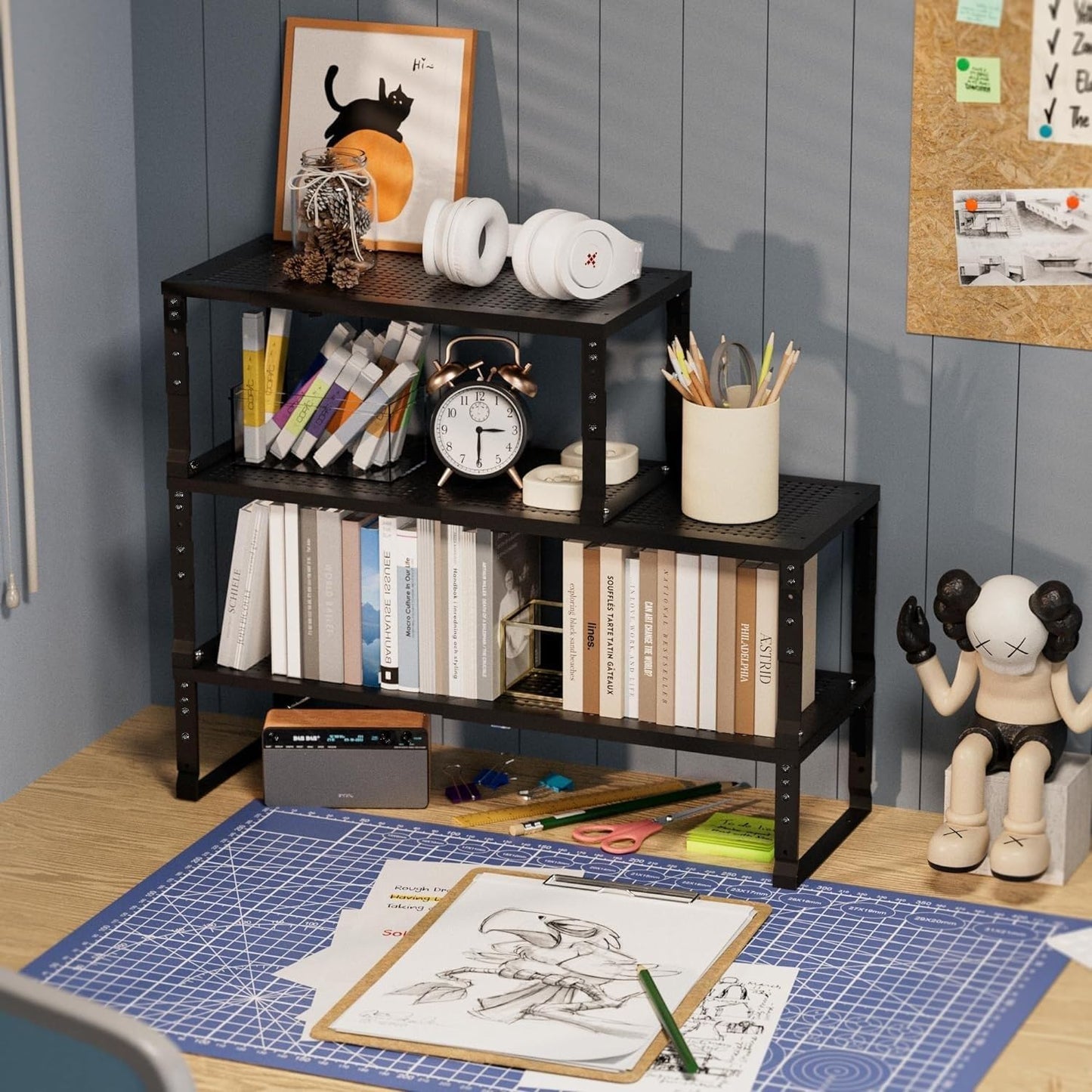 Expandable Spice Rack Kitchen Cabinet Shelf Organizer, Stackable Storage Shelves Racks, Adjustable Counter Shelving for Cabinets, Countertop, Cupboard,Pantry and More(2Packs/Black/Large)