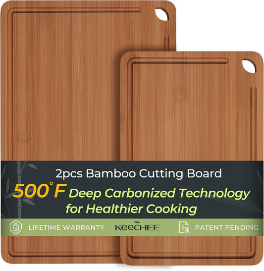 Butcher Block 2-Pcs Carbonized Bamboo Cutting Board Set With Juice Groove For Meal Prep & Cheese Serving - Ideal Kitchen Gift Set of 2 (M+L)
