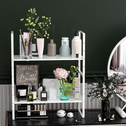 iPEGTOP Expandable Cabinet Storage Shelf Organizer Rack, Heavy Duty Cupboard Stand Spice Rack Adjustable Height Garage Pantry Shelf Space Riser for Counter Kitchen Organization, White, 3 Pack