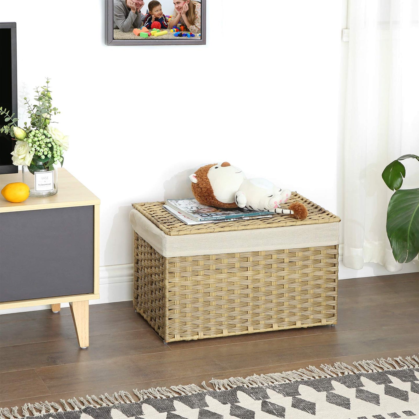 SONGMICS Storage Basket with Lid, Woven Blanket Storage Bin with Handles, Foldable, Removable