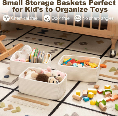 3 Pack Small Storage Baskets for Organizing, Cute Woven Decorative Gift Baskets for Shelves, Mini Closet Organizer Bins with Handles, 11.81''Lx7.87''Wx4.72''H-White
