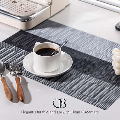 Placemats Set of 12 - Easy Clean Woven Vinyl Placemats for Dining Table, Indoor/Outdoor Place Mats, Washable PVC Table Mats （Silver Gray Black）