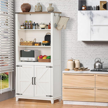 5 Tier Bookshelf 70in Tall Bookcase with Barn Doors and Storage Cabinet, White Farmhouse Book Shelf with Adjustable Shelves, Wood Freestanding Display Bookshelves for Bedroom, Kitchen (2PCS)