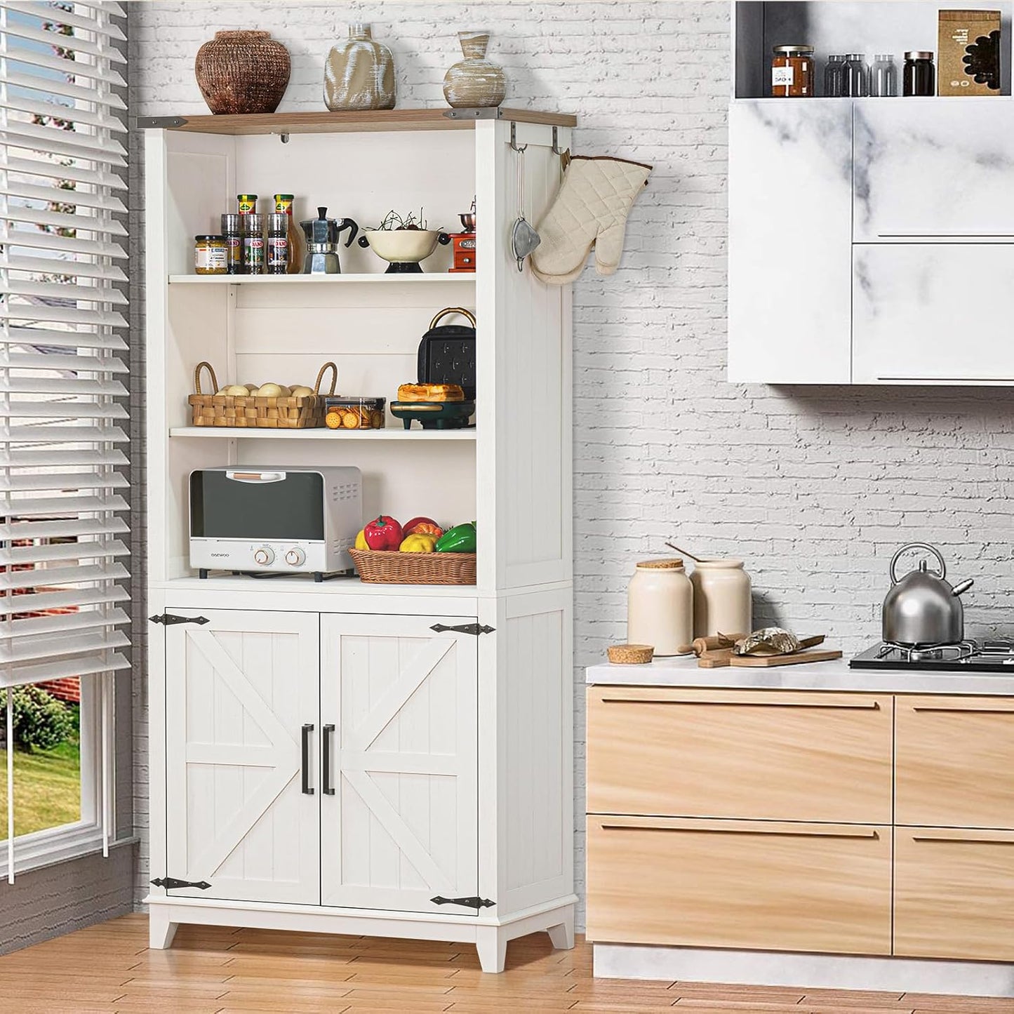 5 Tier Bookshelf 70in Tall Bookcase with Barn Doors and Storage Cabinet, White Farmhouse Book Shelf with Adjustable Shelves, Wood Freestanding Display Bookshelves for Bedroom, Living Room