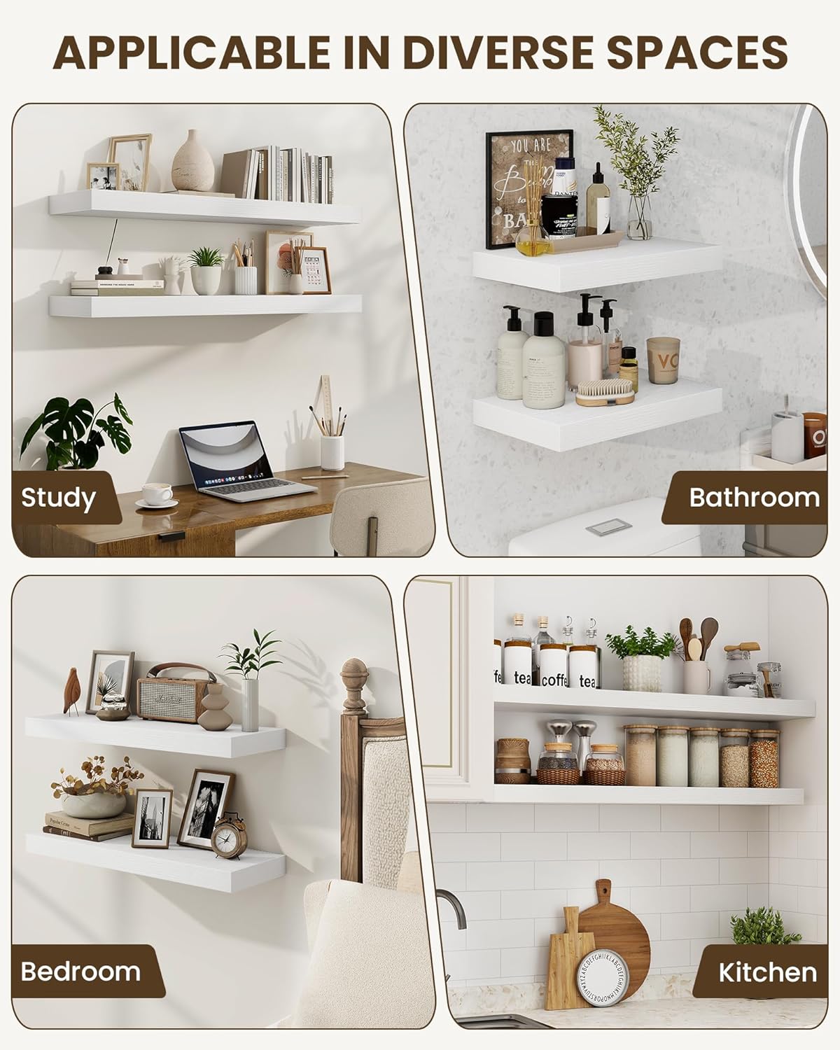 Marsmiles 72" Floating Shelves for Wall, Wooden Shelves with Invisible Brackets Set of 2, Rustic Farmhouse Wall Mounted Shelf for Kitchen Bathroom Living Room Study, White