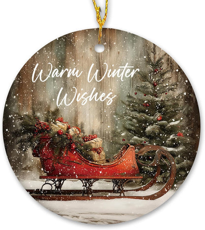 Vintage Rustic Christmas Ceramic Ornament Gifts, Farmhouse Winter Snowy Christmas Sleigh Decorative Hanging Ornaments for Xmas Tree Holiday Party Decoration, Winter Xmas Tree Decorations