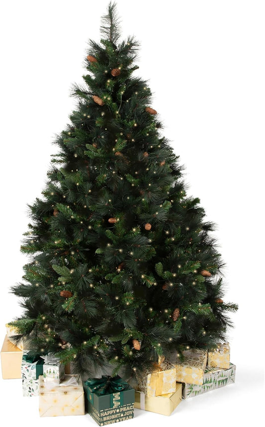 Papyrus 7 ft Pre-Lit Artificial Christmas Tree, Carolina Pine, Pine Cones, Warm White Lights, Includes Stand and Storage Bag