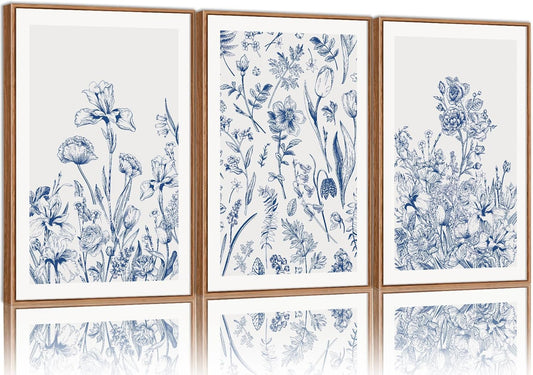 SIGNINART Classic Chinoiserie Framed Canvas Wall Art Set, Blue and White Floral Art Painting, Minimalist Botanical Flower Artwork, Navy Blue Wall Decor for Bedroom, Living Room, Office 16"x24"x3