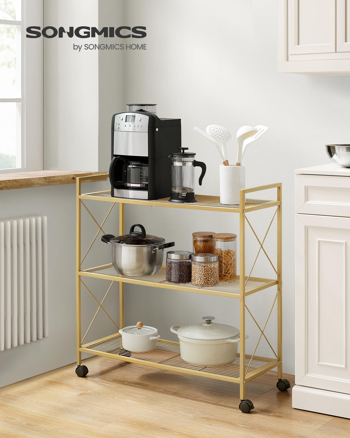 SONGMICS 3-Tier Metal Storage Rack with Wheels, Mesh Shelving Unit with X Side Frames, 31.5-Inch