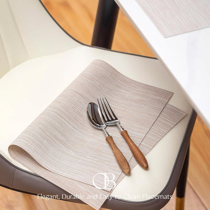 Placemats Set of 8 - Easy Clean Woven Vinyl Placemats for Dining Table, Indoor/Outdoor Place Mats, Washable PVC Table Mats（Beige）