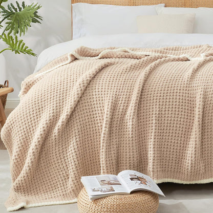 Snuggle Sac Beige Waffle Blanket for Couch Bed Sofa 60x80 inches, Reversible Soft Throw Microfiber Fluffy Fuzzy Cozy Knit Twin Blanket for Women Mothers Birthday Gifts
