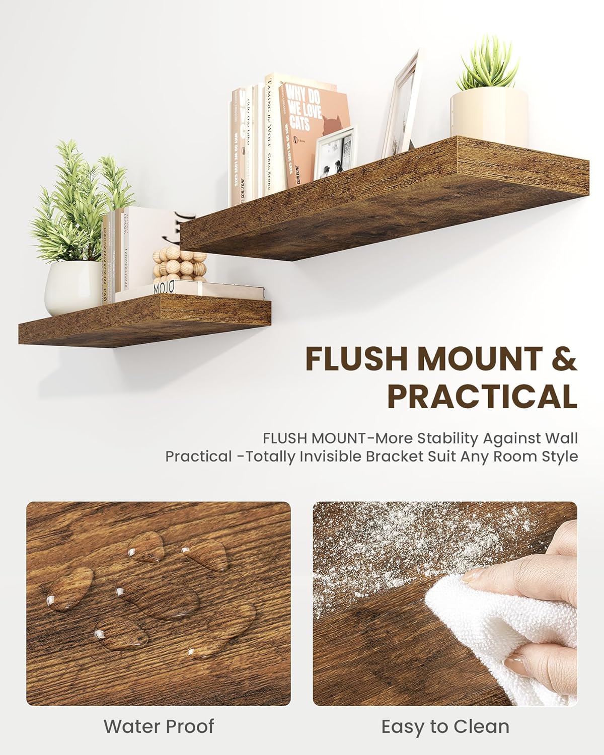 Marsmiles 30" Floating Shelves for Wall, Wooden Shelves with Invisible Brackets Set of 2, Rustic Farmhouse Wall Mounted Shelf for Kitchen Bathroom Living Room Study, Rustic Brown