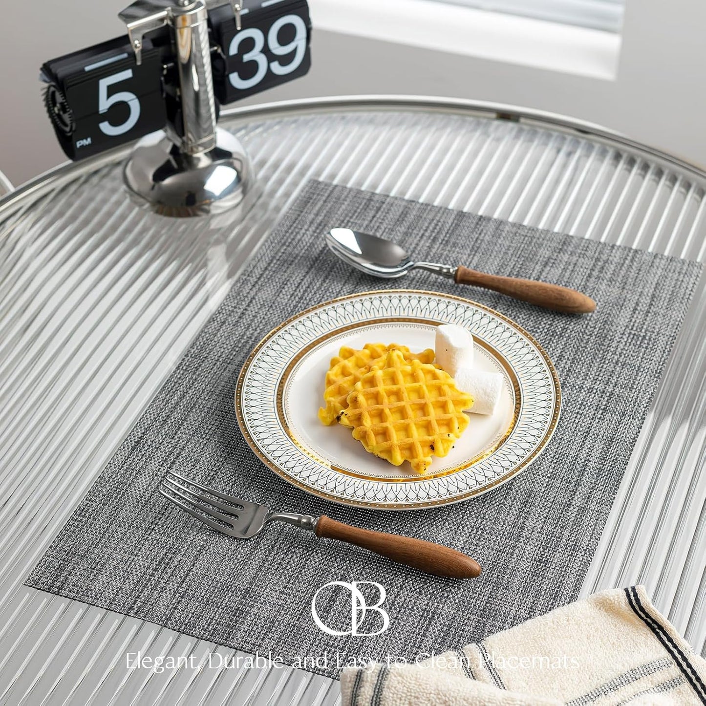 Placemats Set of 12 - Easy Clean Woven Vinyl Placemats for Dining Table, Indoor/Outdoor Place Mats, Washable PVC Table Mats（Dark Gray）