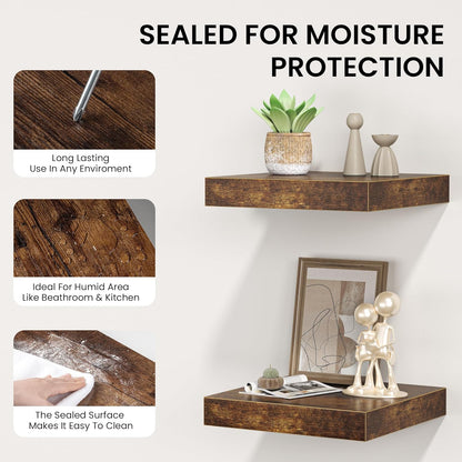 Square Floating Shelves for Wall, 10"W x 10"D x 1.2"H, Small Wooden Wall Mounted Display Shelf with Invisible Brackets for Living Room, Bedroom, Bathroom, Kitchen Decor, Set of 4, Rustic Brown