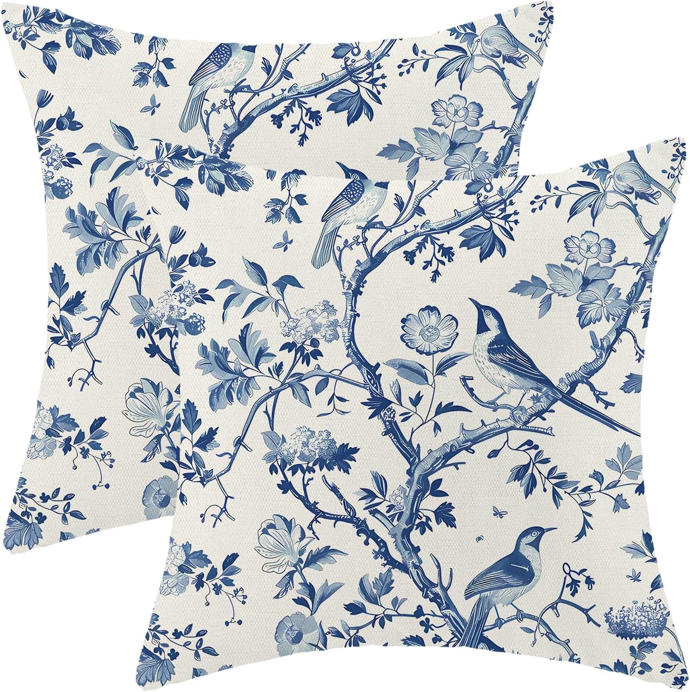 CXMEIFLY Spring Floral Pillow Covers 18 x 18 Inch Set of 2 for Navy Blue Chinoiserie Flowers Bird Decor Throw Pillows Vintage Plant Outdoor Decorative Cushion Cases for Couch Bed Decorations