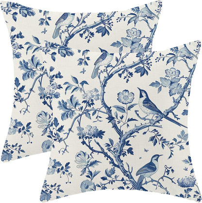 CXMEIFLY Spring Floral Pillow Covers 18 x 18 Inch Set of 2 for Navy Blue Chinoiserie Flowers Bird Decor Throw Pillows Vintage Plant Outdoor Decorative Cushion Cases for Couch Bed Decorations
