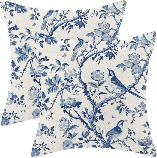CXMEIFLY Spring Floral Pillow Covers 18 x 18 Inch Set of 2 for Navy Blue Chinoiserie Flowers Bird Decor Throw Pillows Vintage Plant Outdoor Decorative Cushion Cases for Couch Bed Decorations