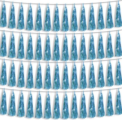 4P Light Blue Foil Fringe Metallic Streamers Banner Tassel Garland for Parade Floats, Bachelorette, Wedding, Birthday, Halloween, Christmas, Bridal/Baby Shower Party Decorations