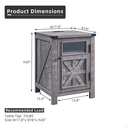 JXQTLINGMU Farmhouse End Table with Charging Station, 18'' Rustic Nightstand with Barn Door & Adjustable Shelf, Wooden Sofa Side Table with 3-Tier Storage for Living Room, Bedroom, Gray