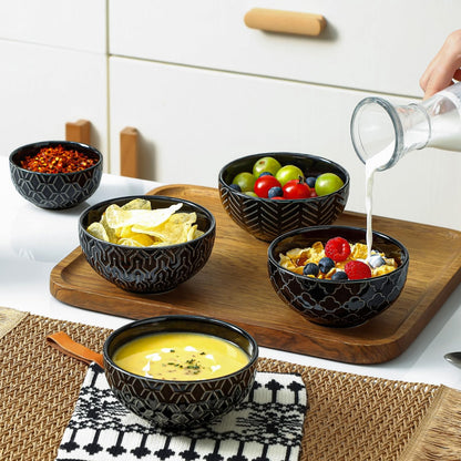 Sureasy Ceramic Ice Cream Bowls, 12oz Embossed Dessert Bowls Set, 4.6 Inch Stoneware Small Bowls for Snack, Sauce, Fruits, Microwave and Dishwasher Safe, Set of 4, Black