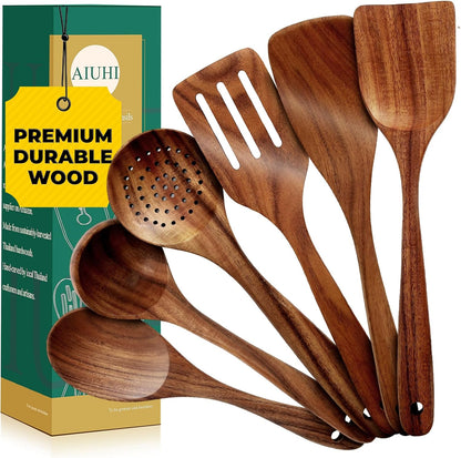 AIUHI Nonstick Natural Wooden Kitchen Utensils Set, Smooth Finish Teak Wood Spoons for Cooking, Comfortable Grip Spatula for Elaborate Cooking 6Pcs