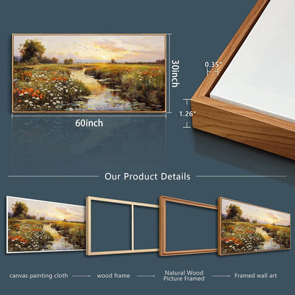 PHAOHUAXM Large Canvas Wall Art For Living Room Wall Decor For Bedroom Watercolour Painting Office Decoration Countryside Sunrise Scenery Wall Picture Home Decor Ready To Hang 30x60 In Wood Framed