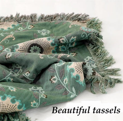 Boho Throw Blanket for Chair Couch Bed 90''x 98'', 100% Cotton Quilt Floral Mexican Blanket Muslin Gauze Blankets Super Soft Lightweight Versatile KnitWoven Bed Blanket for Home Decor