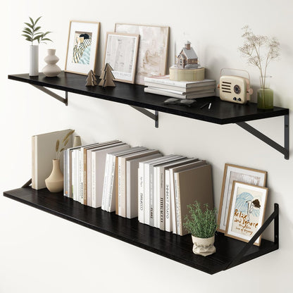 Fun Memories Deep Floating Shelves, 55W x 12D Floating Shelves for Wall, Wood Black Floating Shelf with Bracket, Wide Display & Storage Wall Shelves for Living Room, Bedroom,