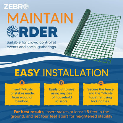 ZEBRO 4' x 50' Green Plastic Garden Fence Roll – Light Duty Mesh Fencing for Temporary Fence, Snow, Garden Netting, Animal Barrier, Agricultural Fencing & Lawn Protection