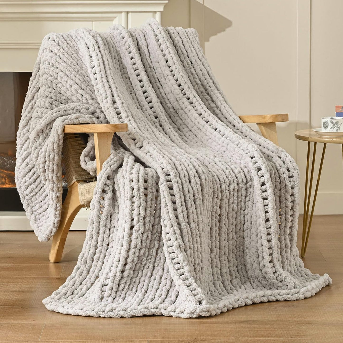 Esterra 100% Hand Knitted Chenille Throw Blanket, Cozy Soft Thick Cable Knit Throw, 40x50 Inches, Light Gray