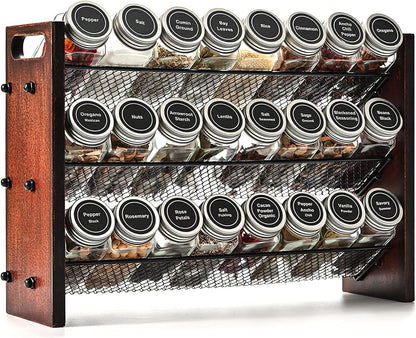 Spice Rack, Spice Rack Organizer without Seasoning Jars, Wooden Rustic 3 Tier Kitchen Spice Organizer Shelf for Cabinet, Countertop or Wall Mount