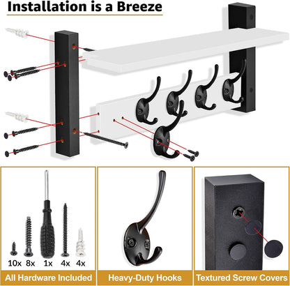 Sorbus Coat Hooks Wall Mount with Shelf – 16 Inch Coat Rack Wall Mount with 5 Heavy Duty Hooks – Floating Wall Shelf with Hooks for Entryway, Bathroom, Bedroom, Kitchen, or Mudroom (White)