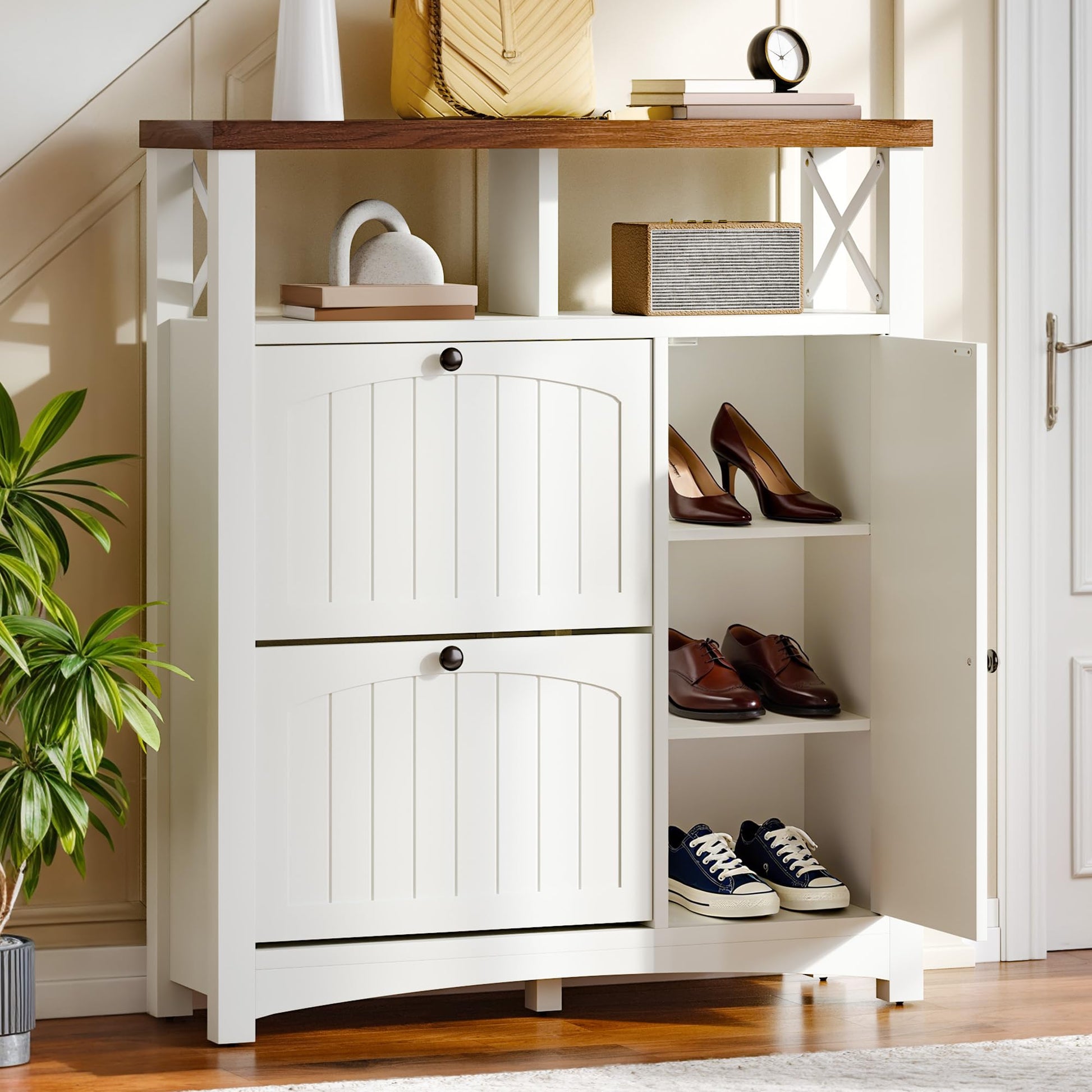 DWVO Farmhouse Shoe Cabinet with 2 Flip Drawers