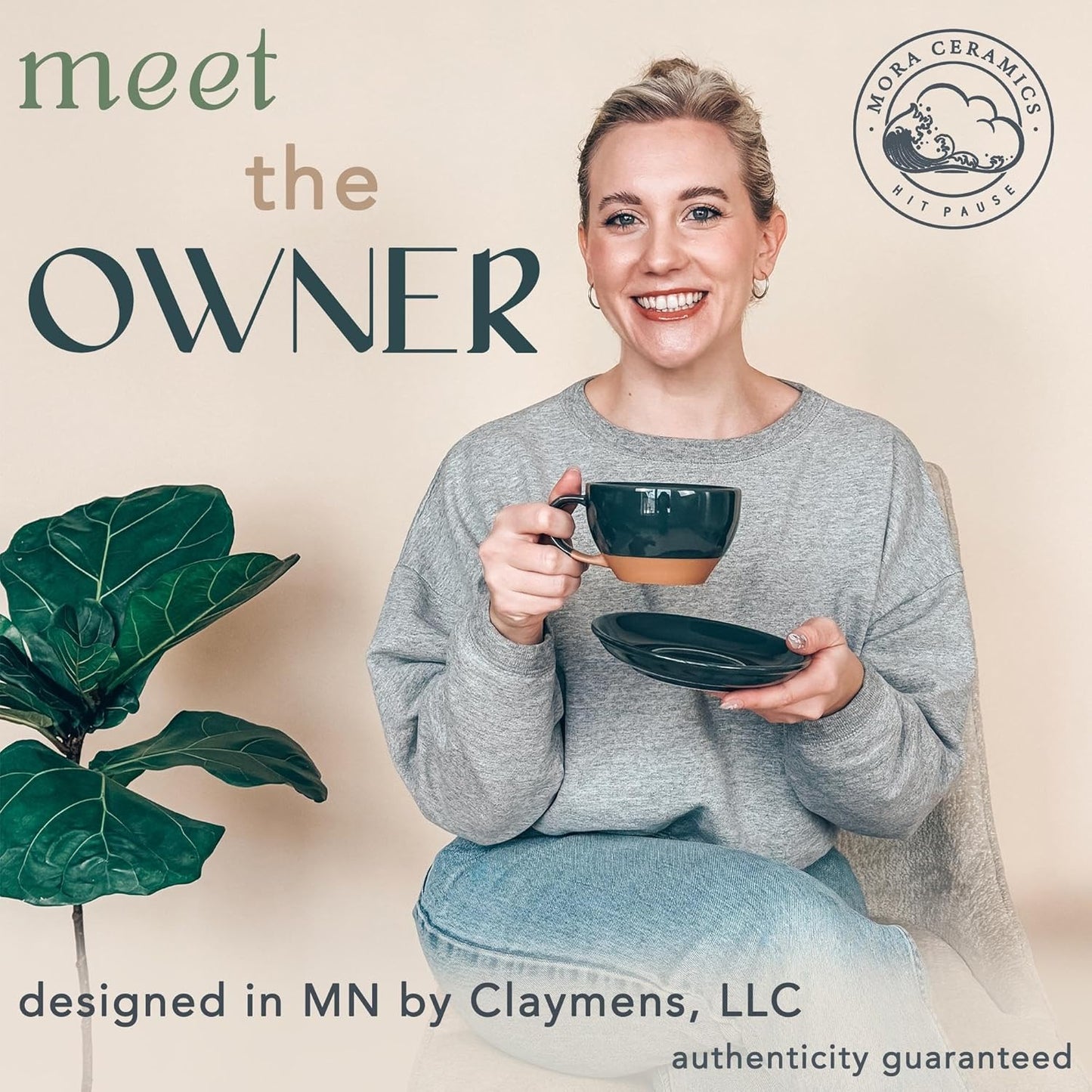 Mora Ceramic Latte Art Mug With Saucer - 10.5 oz, Round Bottom For Perfect Pours - Cafe Cups for Cappuccino, Espresso, Coffee, Tea etc - Porcelain Set for Baristas, Great Gift - Charcoal