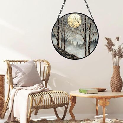 Stained Glass Window Hanging - Black and White Gold Moon Forest Sun Catcher for Door Home Decor Suncatcher Christmas Mother's Day Birthday Gifts for Women Men Lovers Mom Nana 7.8 in