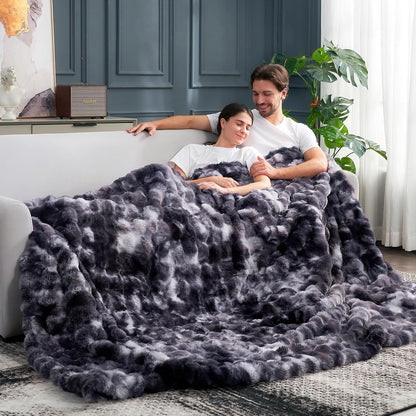 Cozy Bliss Faux Fur Throw Blanket for Couch, Fuzzy Soft Plush Thick Bubble Blanket for Sofa Bedroom Living Room, 108 * 90 Inches Tie Dye Black