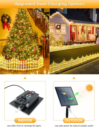 Hopolon 8 Pack White Picket Fence for Garden, 11.1in (H) X 9.1ft (L) Garden Fence Border with 144 Led Solar Lights and Remote, Decorative Mini Pocket Fence for Small Flower Path Tree Yard Pet Barrier