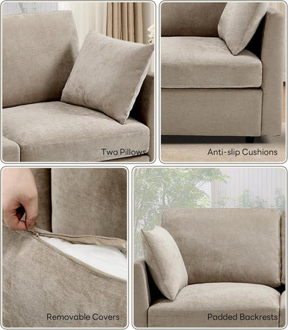 Tbfit 59" Loveseat Sofa, Chenille Small Sofa Couch, Love Seat with 2 Pillows for Small Space, Bedroom & Living Room, Khaki