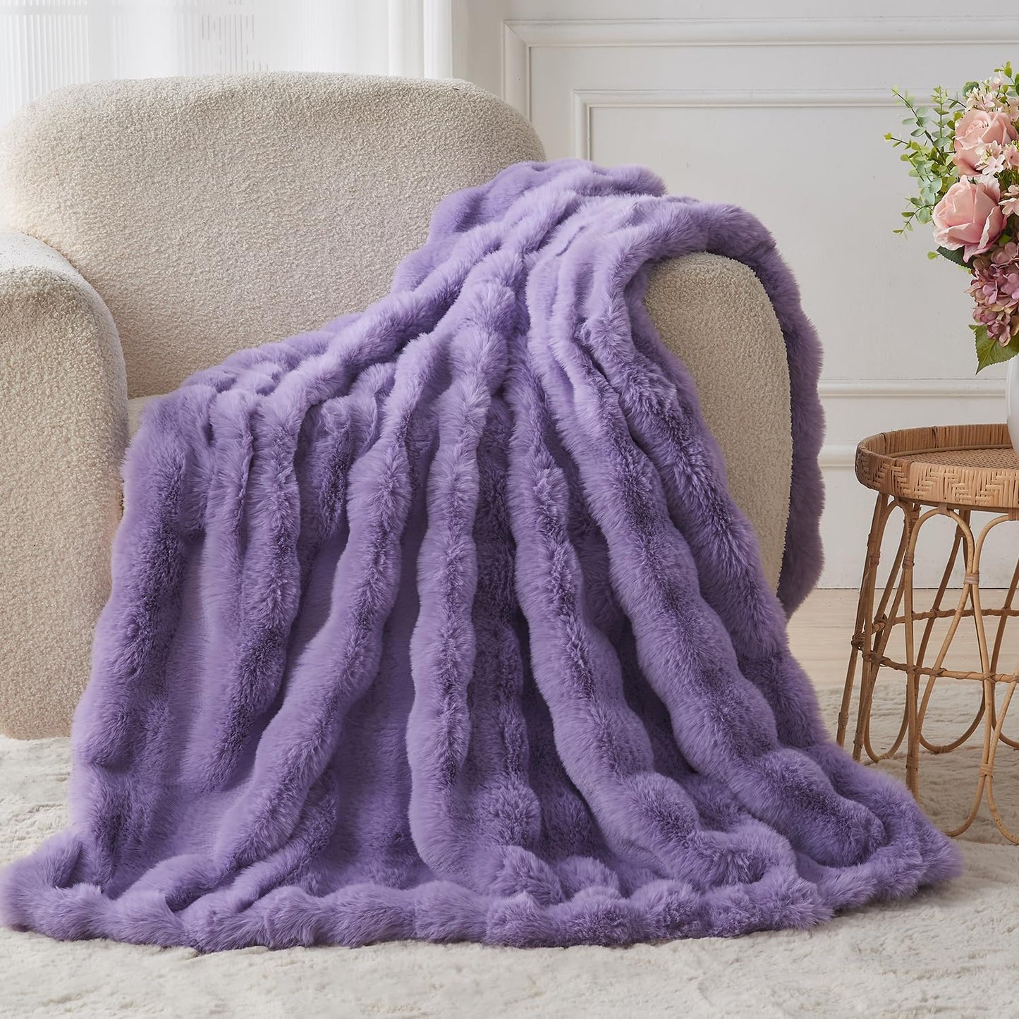 Lotus Karen Faux Fur Throw Blanket Purple - Big Bubble Rabbit Fluff Blanket for Couch Bed Sofa,Softest Fluffy Fuzzy Cozy Blanket,Thick Furry Plush Shaggy Warm Blankets for Women,60x80 Inches