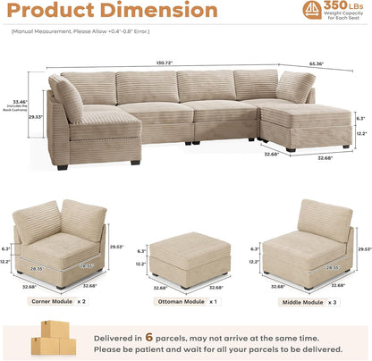 ovios Sectional Sofa Couch with U-Shape Chaise Sofa Bed, Comfy Modular Cloud Couches with Deep Seat, Modern Upholstered Plush Corduroy Sofas Set for Living Room, 6-Seater, Beige