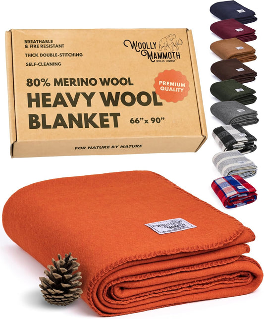 Woolly Mammoth Woolen Company Merino Wool Blanket - 66" x 90", 4 lb Orange - Heavyweight Insulated & Breathable Outdoor Throw Blanket for Camping, Hiking & Emergency Use