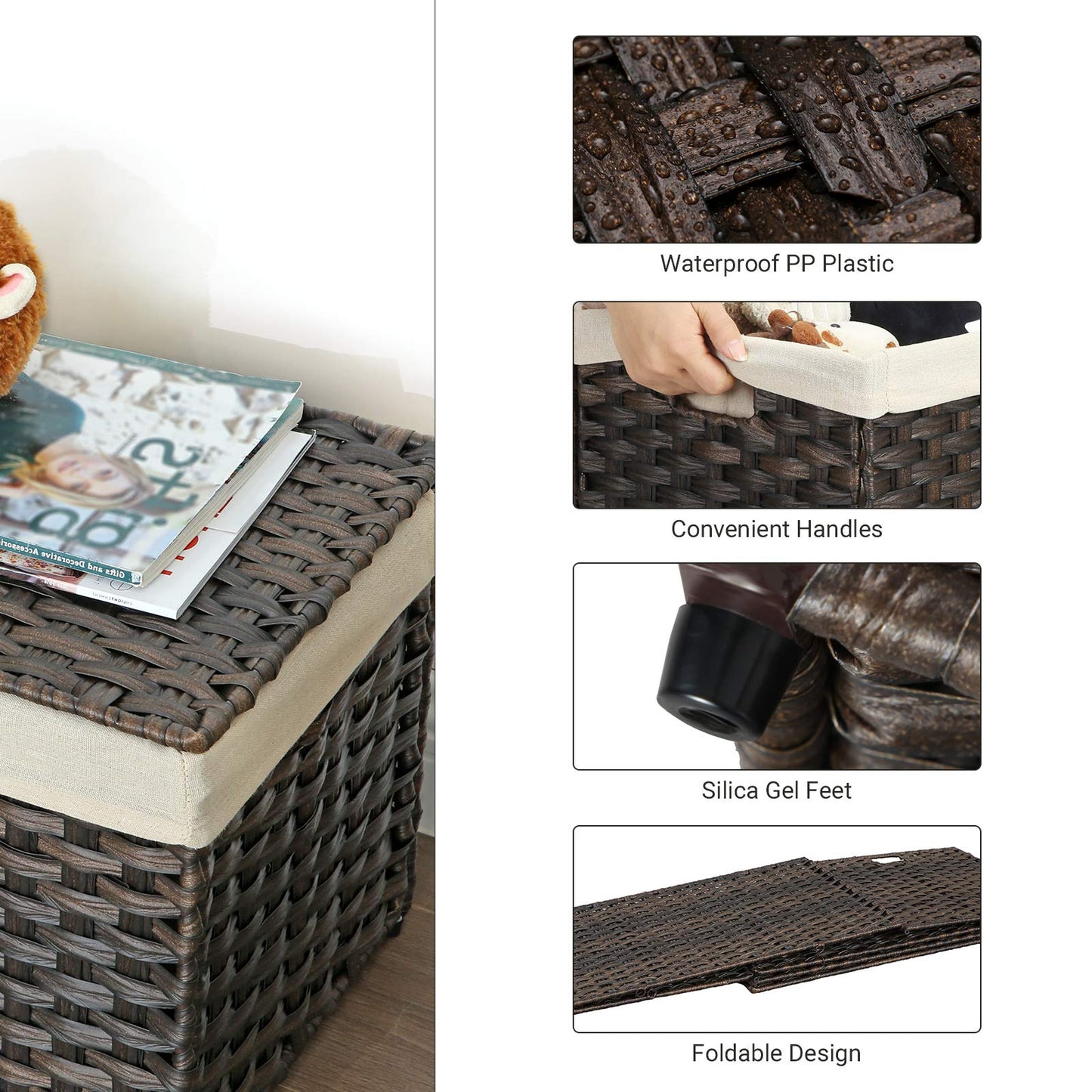 SONGMICS Storage Basket with Lid, Woven Blanket Storage Bin with Handles, Foldable, Removable