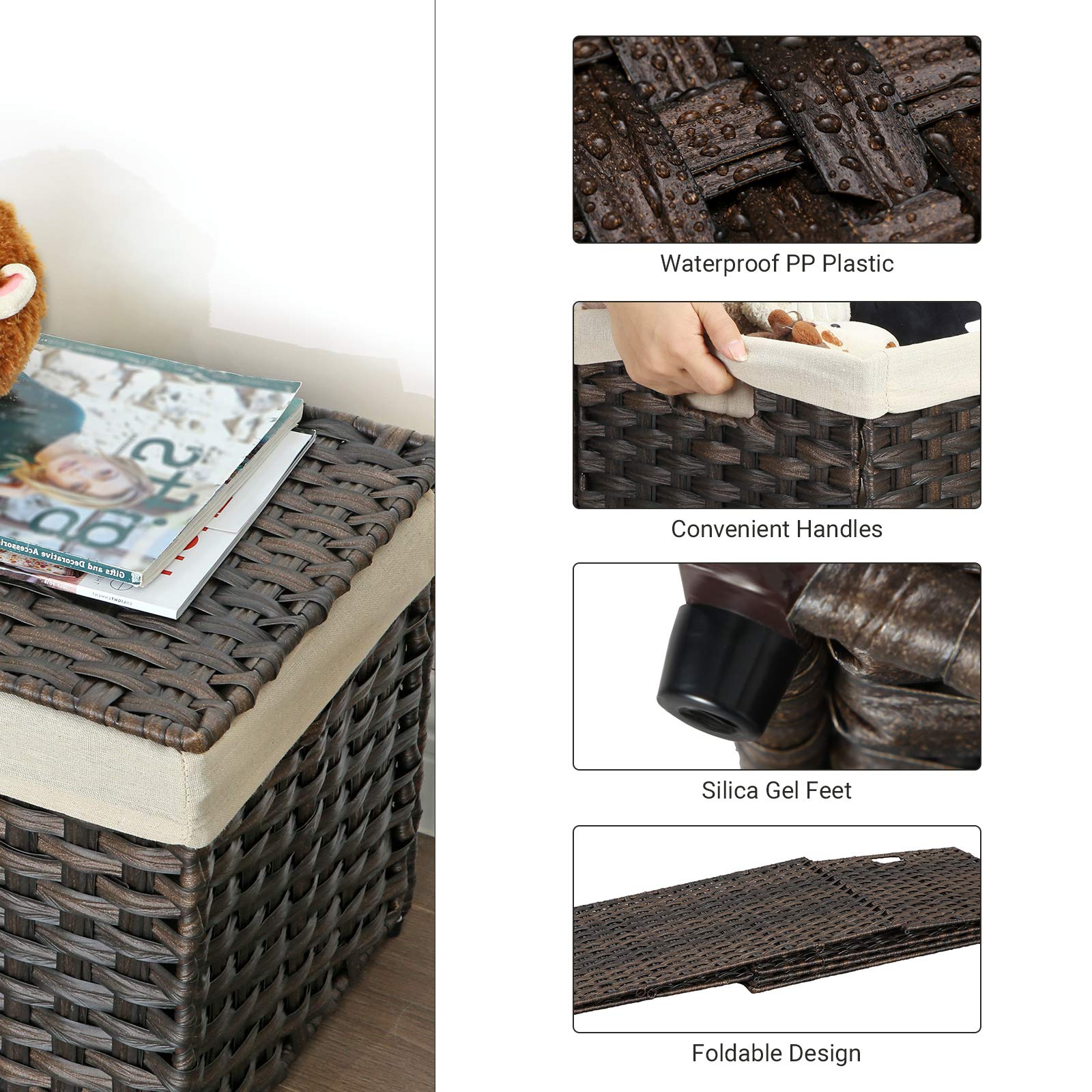 SONGMICS Storage Basket with Lid, Woven Blanket Storage Bin with Handles, Foldable, Removable